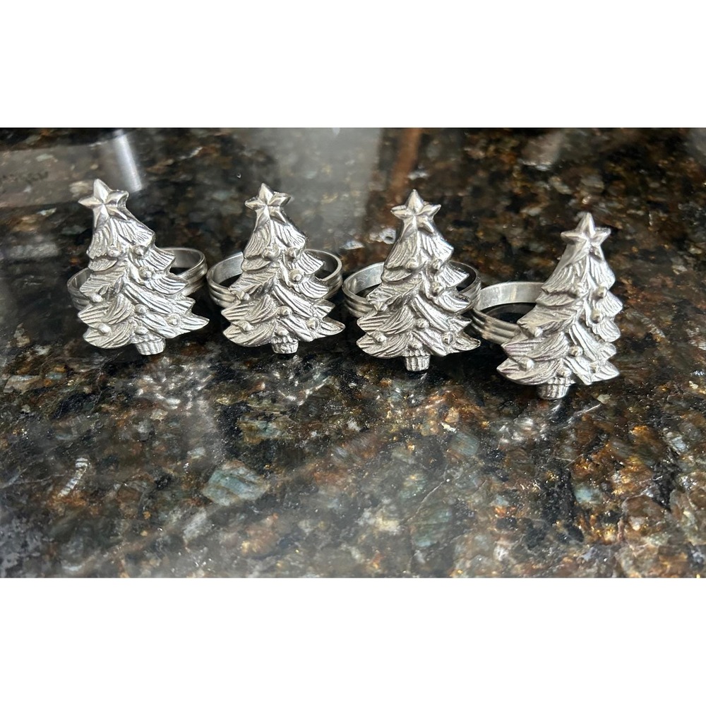 Silver Christmas Tree Napkin Rings Set of 4 Holiday Table Decor Star Top Metal